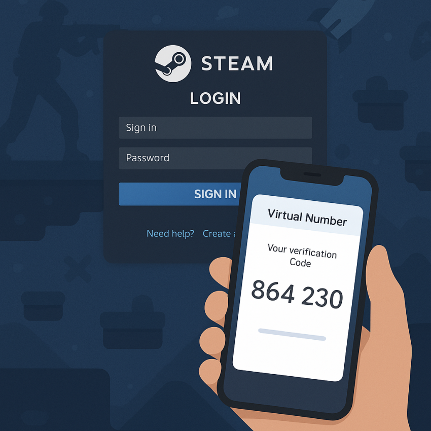 Virtual numbers for gaming platforms (Steam) – Steam login with OTP on phone screen