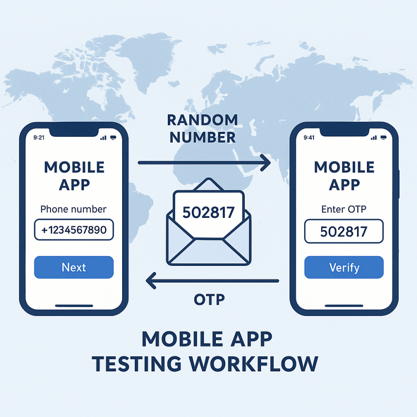 Graphic showing random numbers for app testing to verify OTP without real SIMs