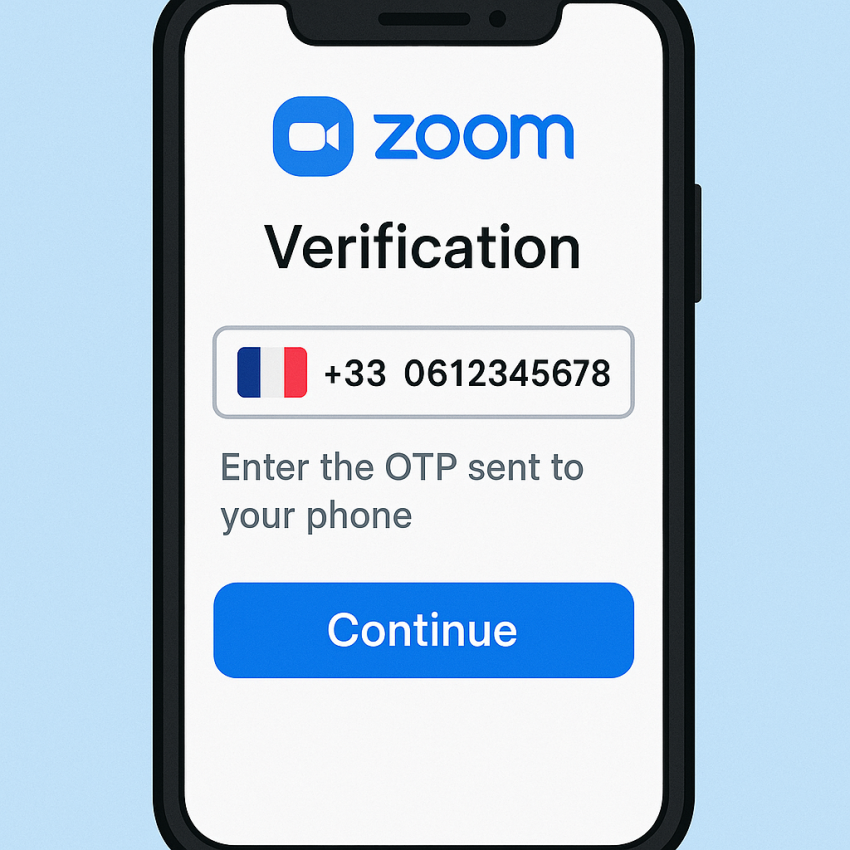 Zoom account verification using French rented numbers on a phone screen