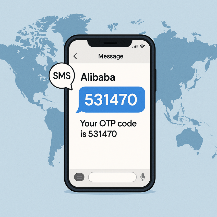 Alibaba OTP verification on a smartphone with a global map background