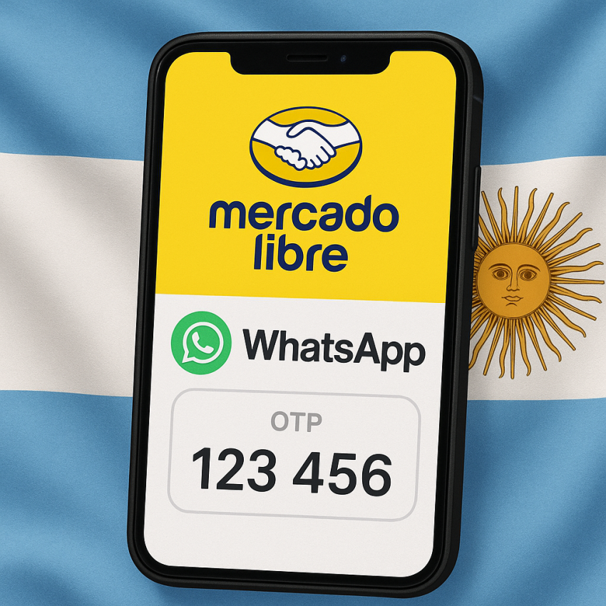 Phone screen showing Argentinian virtual numbers for MercadoLibre and WhatsApp