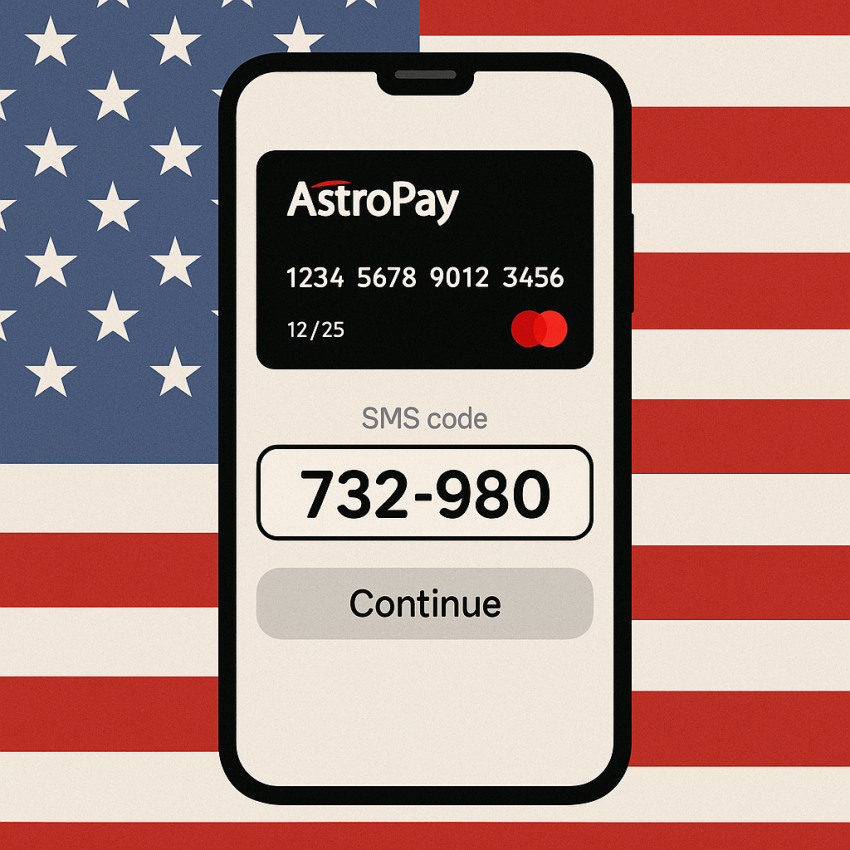 Smartphone screen showing Astropay verification code with United States flag background