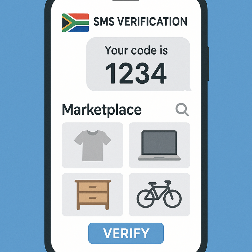 Smartphone with SMS OTP and South African flag for free phone number use in marketplace signups