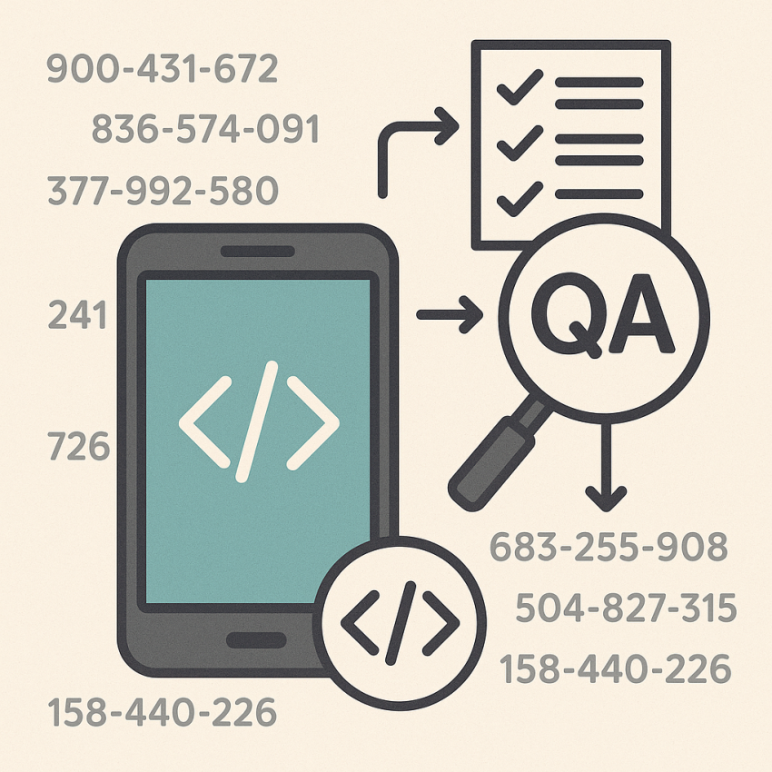 Graphic of a phone with random numbers and QA testing context