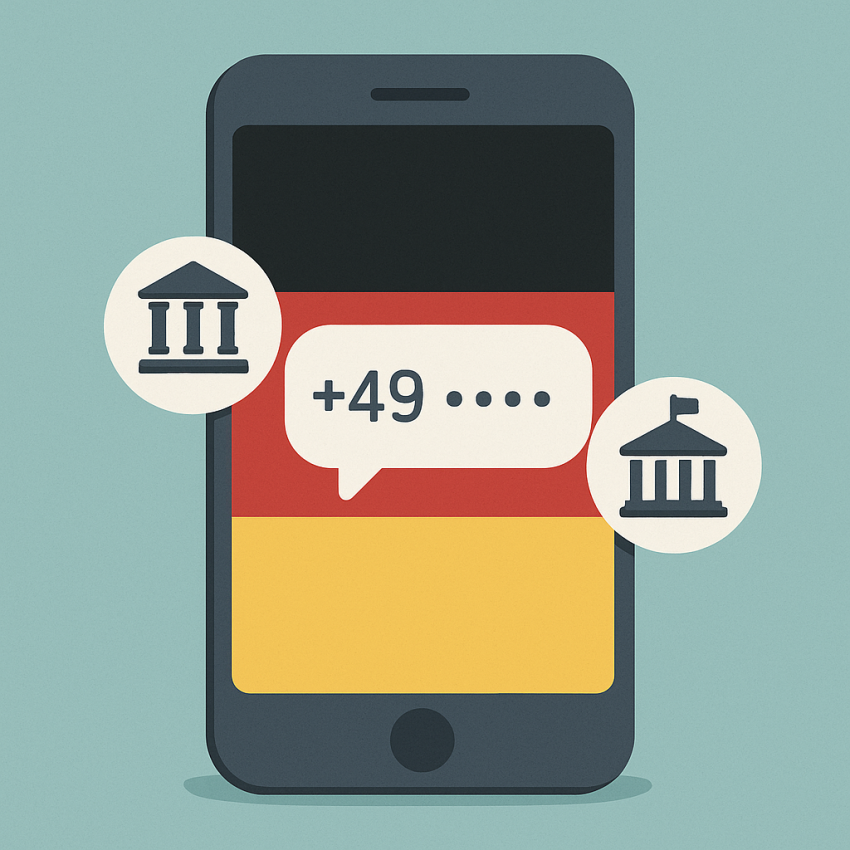 Smartphone showing German flag with banking and government services icons to represent German virtual numbers for banking and government services