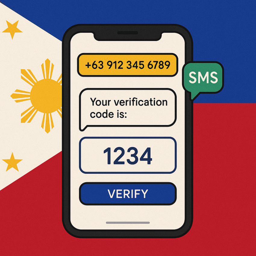 Phone screen showing an SMS verification code with a Philippine flag and a free phone number