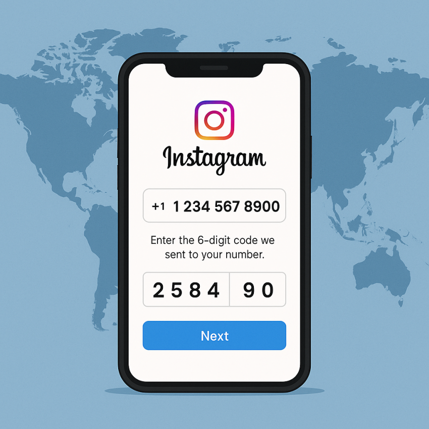 Instagram verification with a virtual number and OTP on a mobile screen