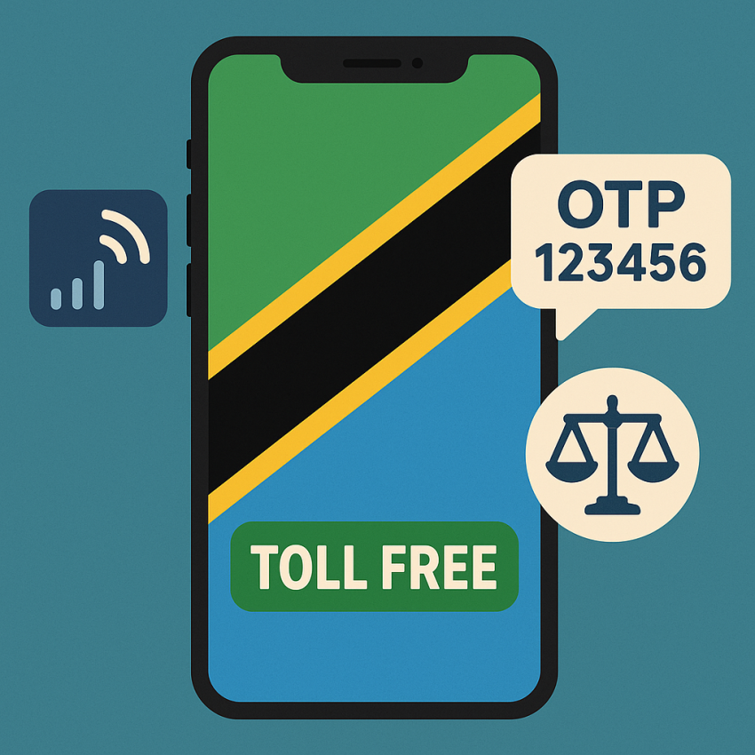 Tanzania flag on a smartphone screen showing a verification code for free numbers