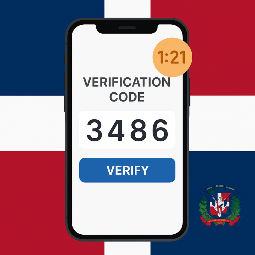 Smartphone with Dominican Republic flag showing a temporary number verification code