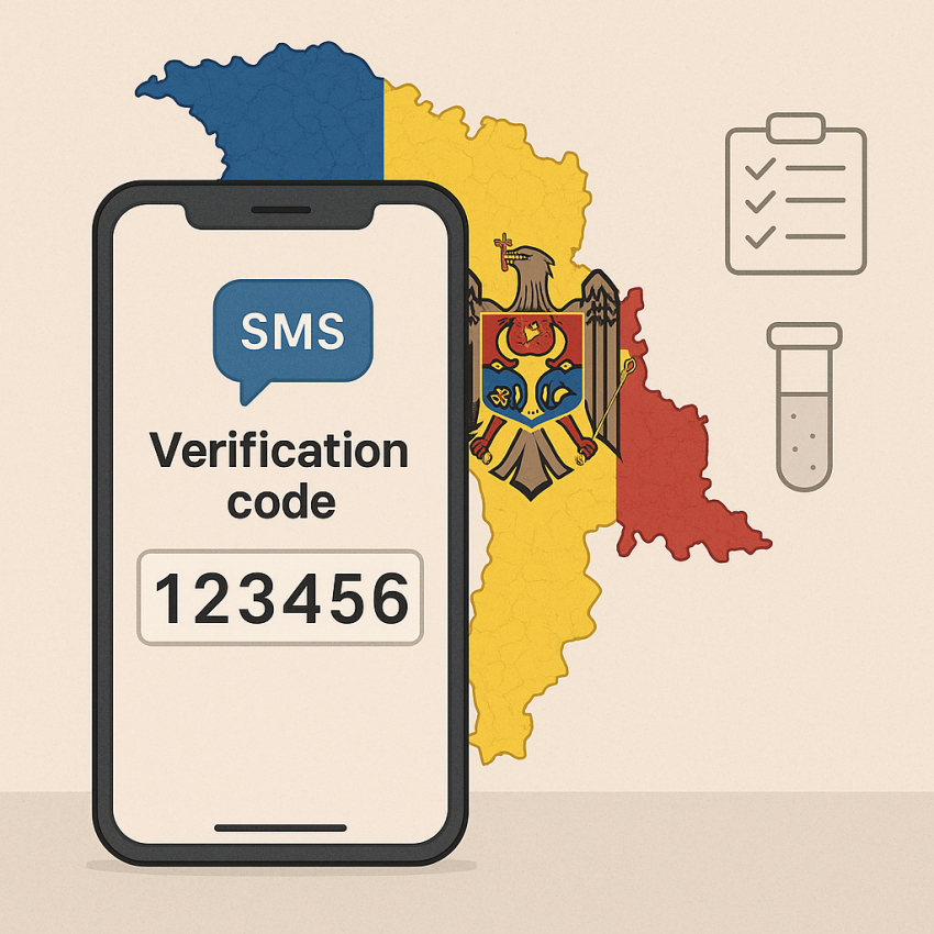 Moldova phone verification screen with Moldova map for Moldova free phone number testing