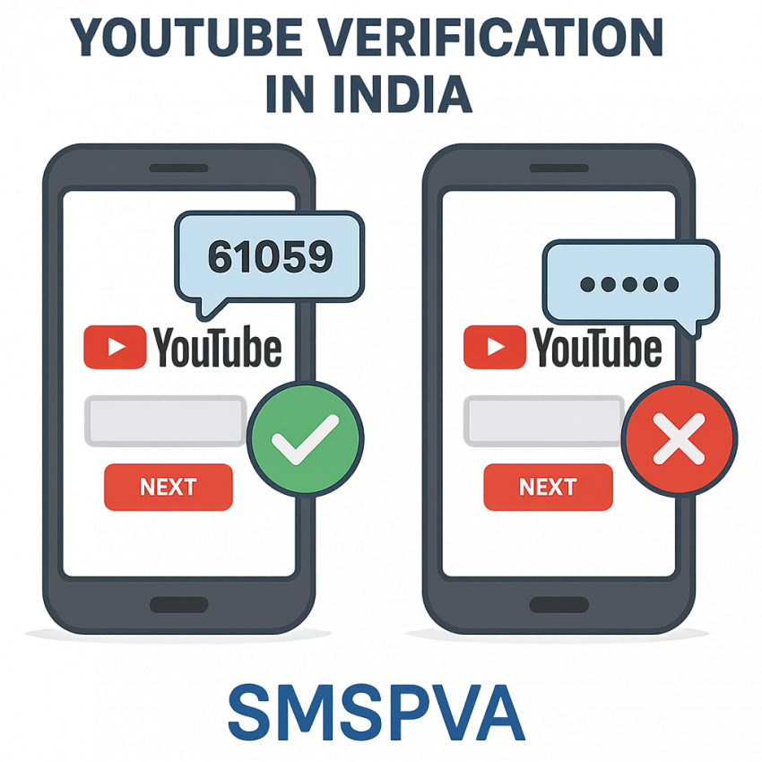 Two smartphones showing YouTube verification in India, SMSPVA branding