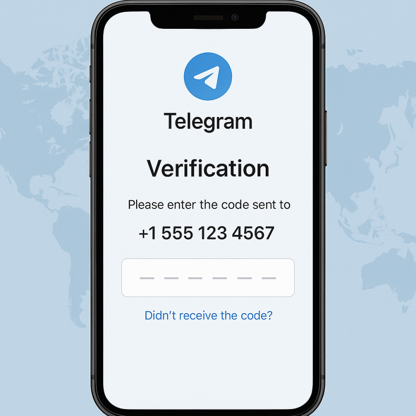 Phone screen showing Telegram verification using a virtual number for How to verify Telegram without your real phone number