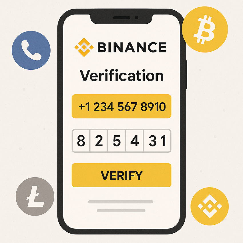 Phone screen showing virtual numbers for Binance and crypto exchanges