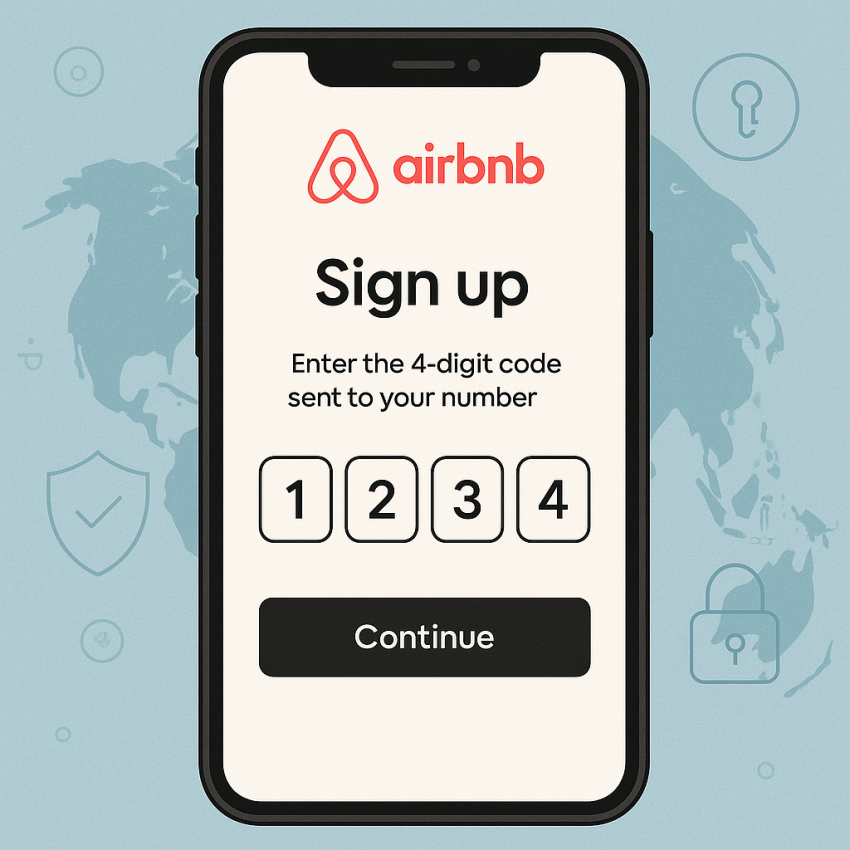 Airbnb signup with OTP on mobile showing global security icons