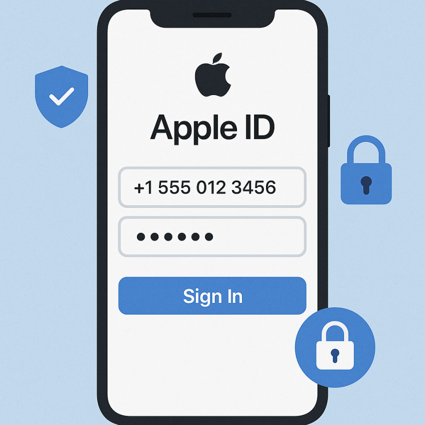 Apple ID login screen on a mobile device with a virtual number and security icons