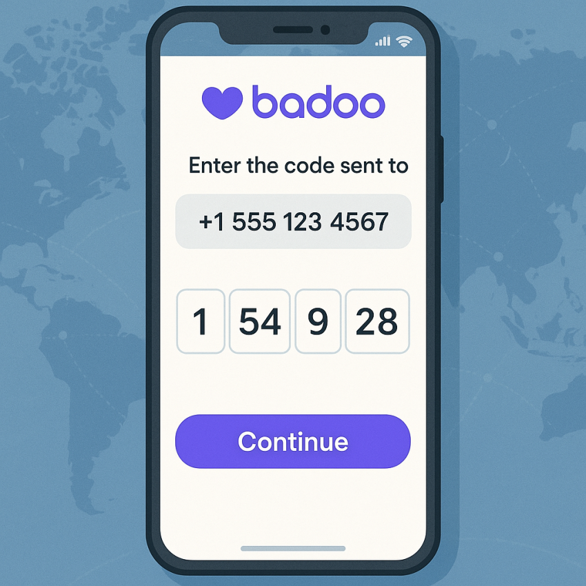Phone screen showing Badoo verification via a virtual number and OTP code