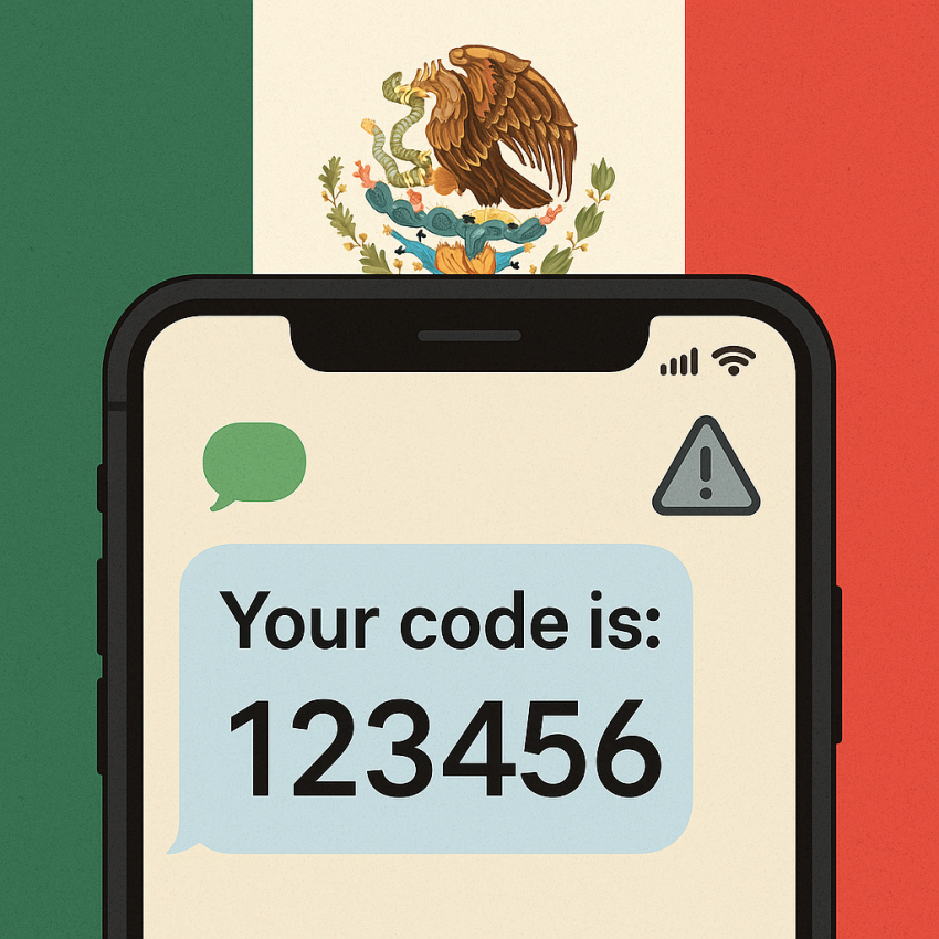 Mexico temporary numbers verification: smartphone with OTP message and flag