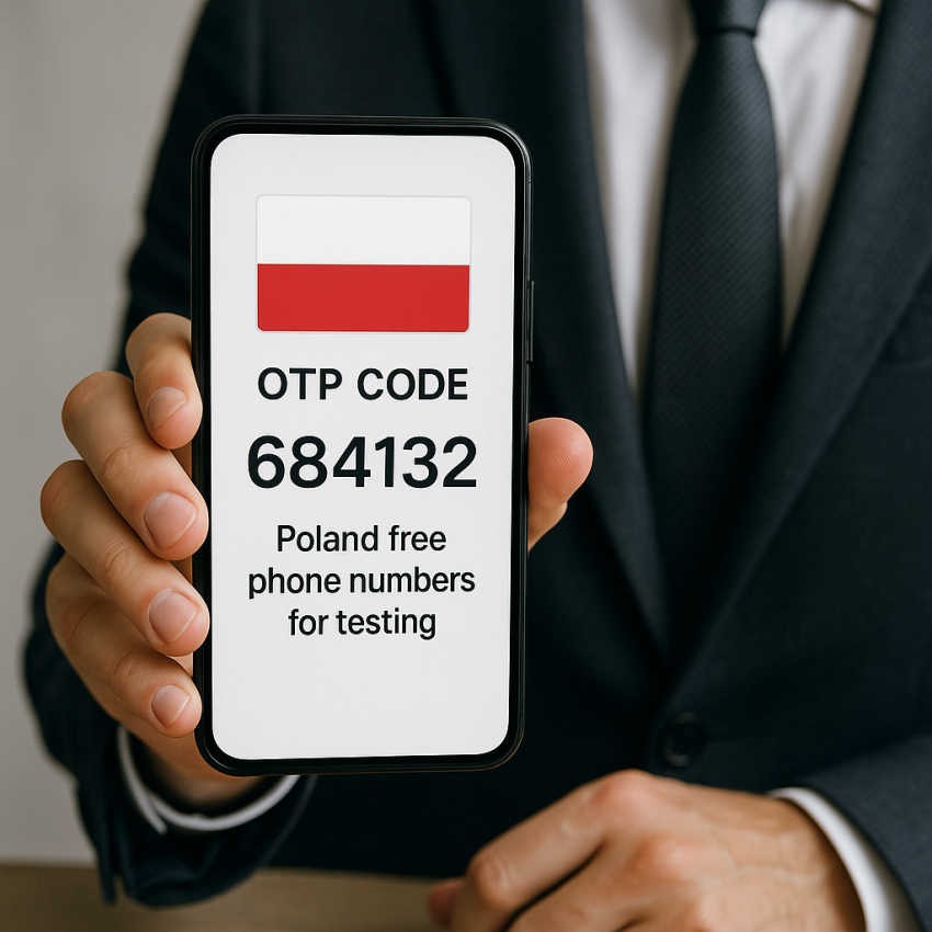 Smartphone screen showing Poland free phone number for business testing with OTP code