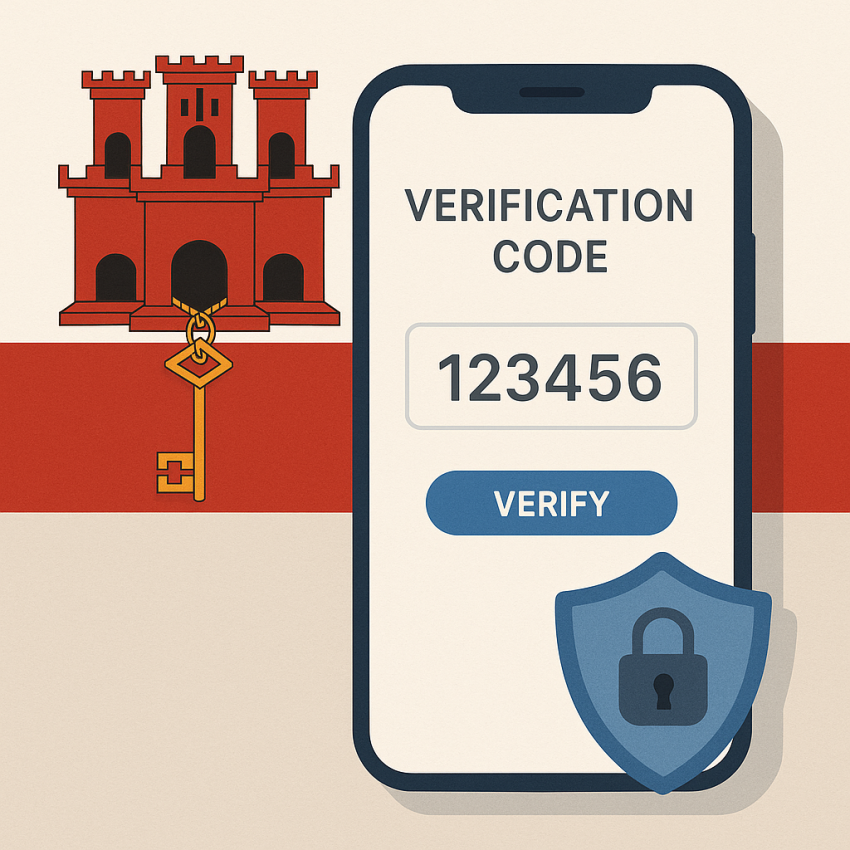 Smartphone displaying a verification code with a Gibraltar flag, illustrating how to use a free phone number in Gibraltar for quick verifications