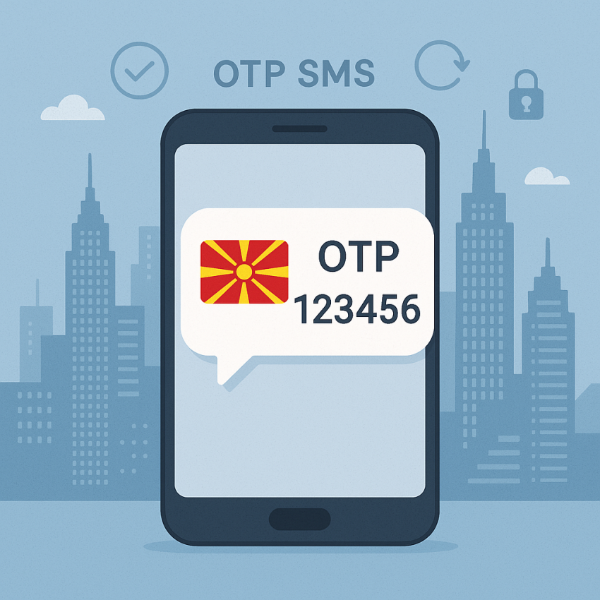 Smartphone receiving OTP on screen with Macedonian flag for Macedonia free phone number verification