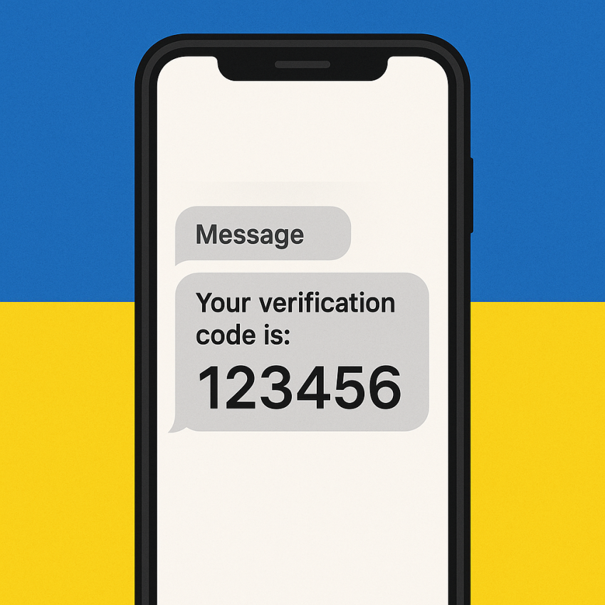 Phone screen with Ukrainian flag showing OTP verification for Ukraine free phone number