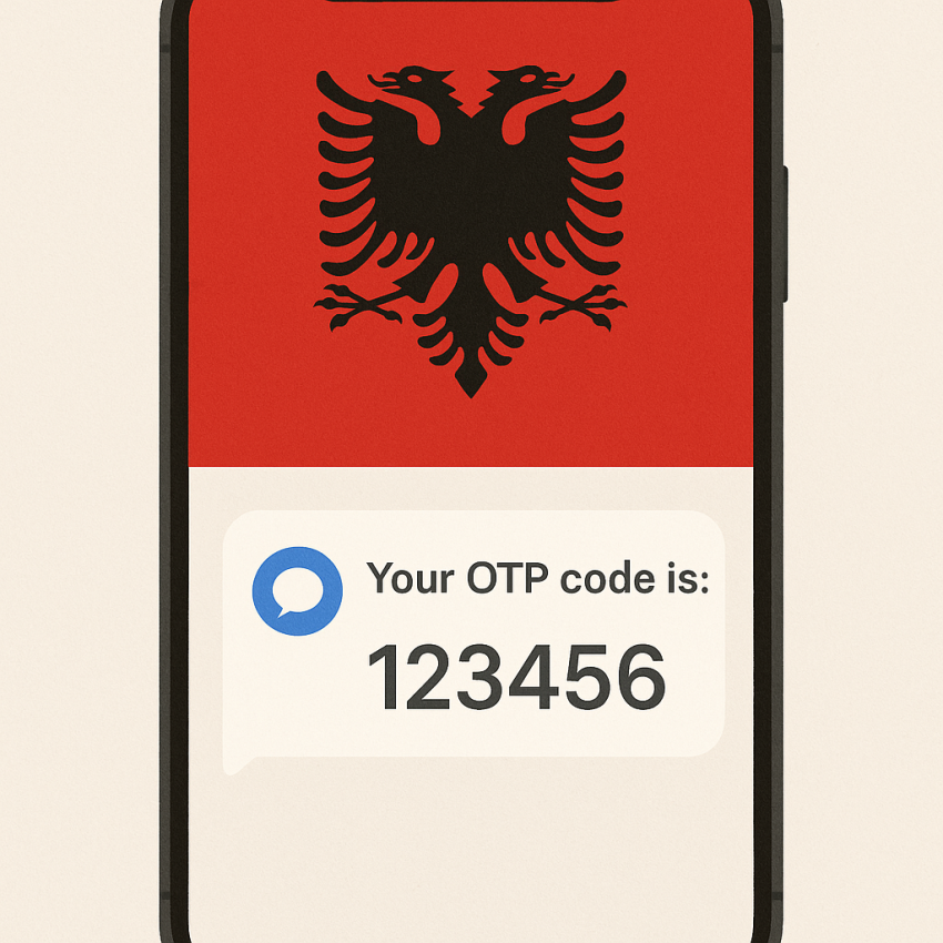 Smartphone with Albanian flag displaying an OTP verification message for Albania free numbers