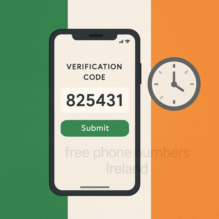How to use a free phone number in Ireland for account verification – Irish flag with a verification SMS on screen