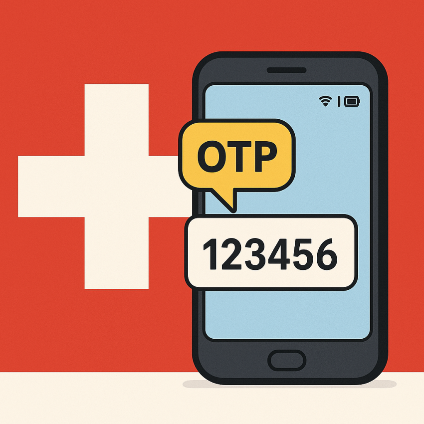 Swiss flag and smartphone with OTP SMS for international testing using Swiss free numbers