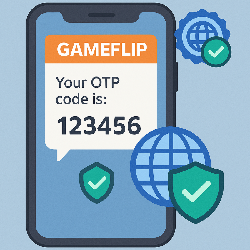 Phone displaying OTP verification for Gameflip with global icon