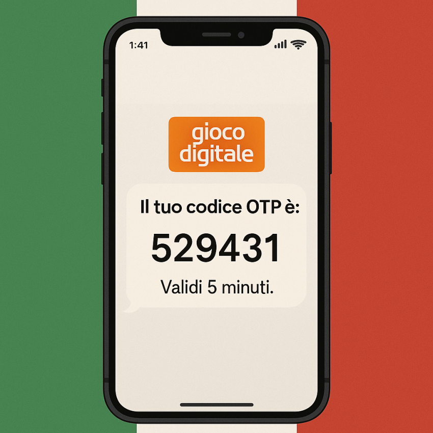 giocodigitale.it mobile verification screen with Italian flag and OTP code