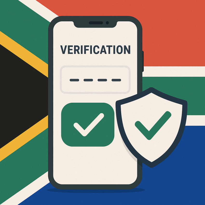 South Africa flag with a smartphone showing an OTP verification and safety shield for Legal and Safety Best Practices for Free Numbers in South Africa