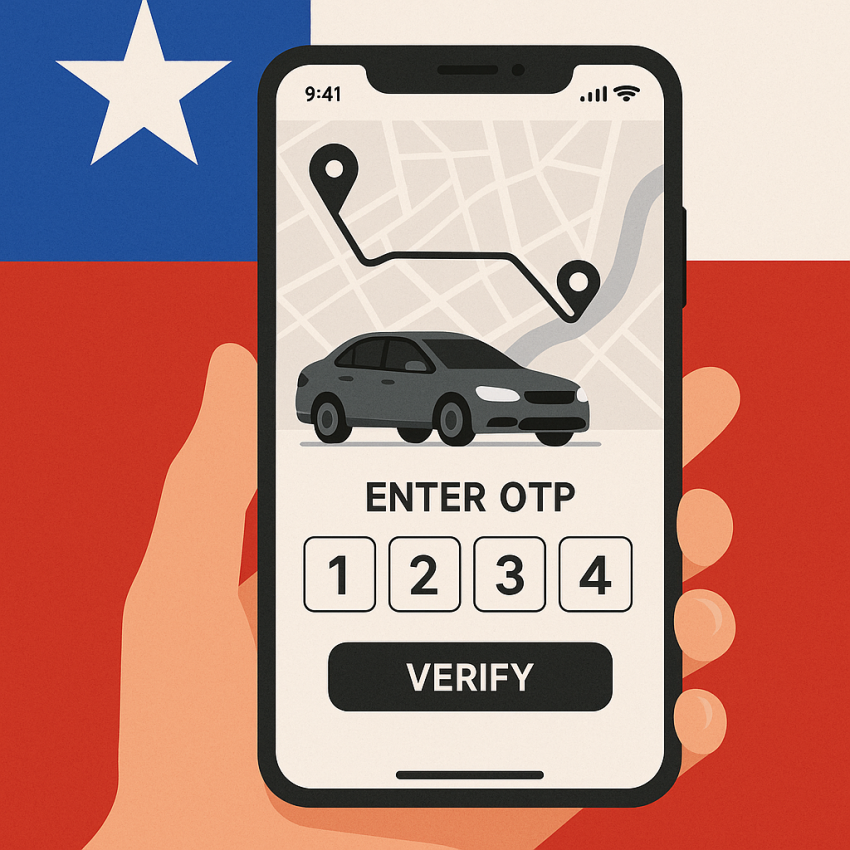 Smartphone screen showing OTP verification for Random numbers for ride-sharing app tests in Chile