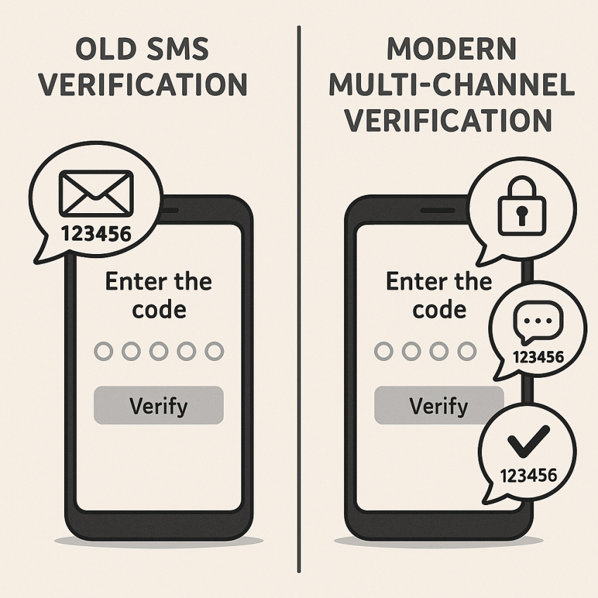 Phone screen comparing traditional SMS verification with modern verification methods