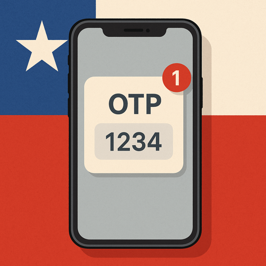 Smartphone receiving OTP on screen with Chile flag background for How to use a free phone number in Chile for one-time verification