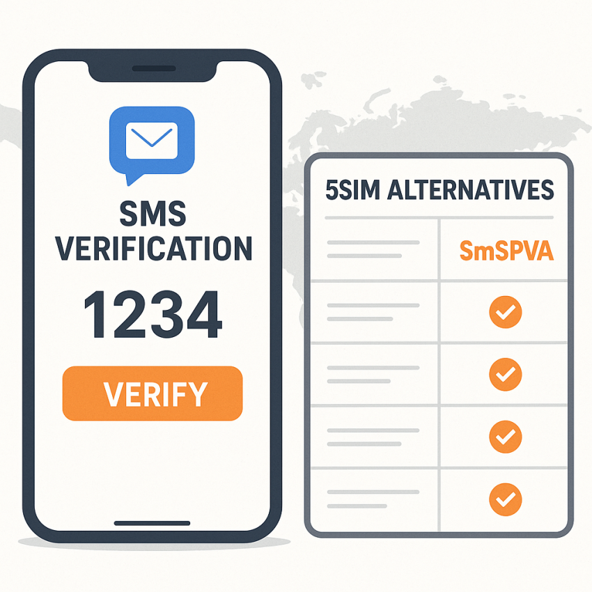 Smartphone showing SMS verification with global 5sim alternatives and SmSPVA comparison