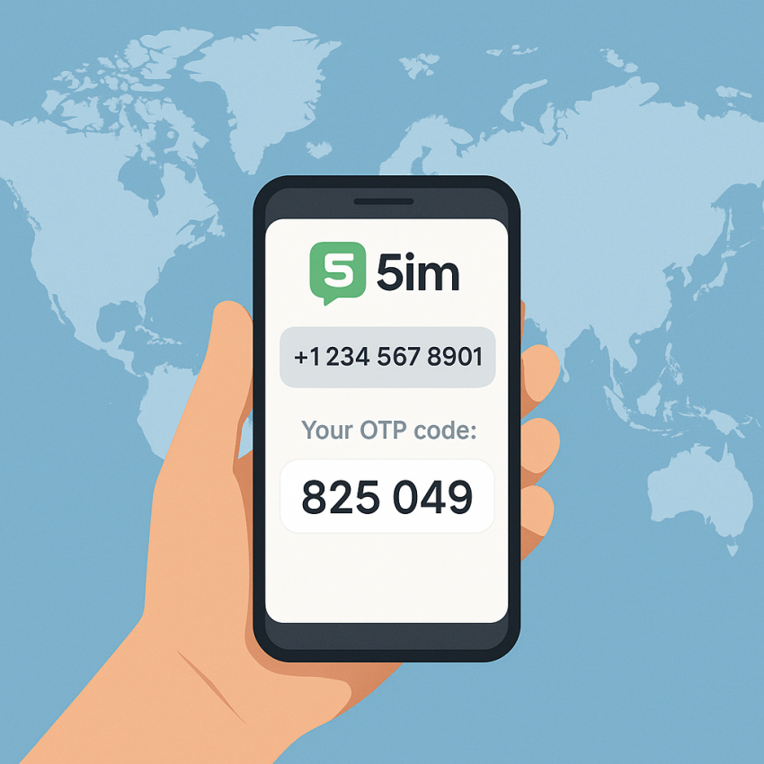 Smartphone screen showing 5sim temporary number OTP verification