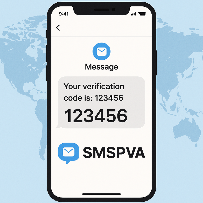 Phone screen with temporary verification number and SMSPVA branding