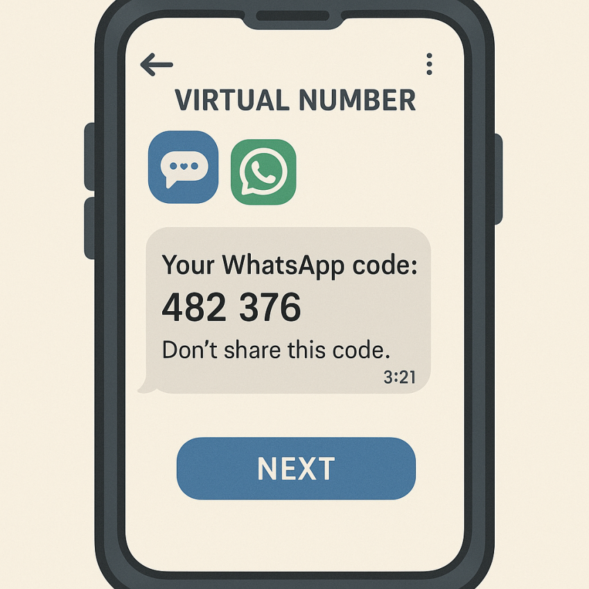 Phone screen showing WhatsApp verification using a virtual number
