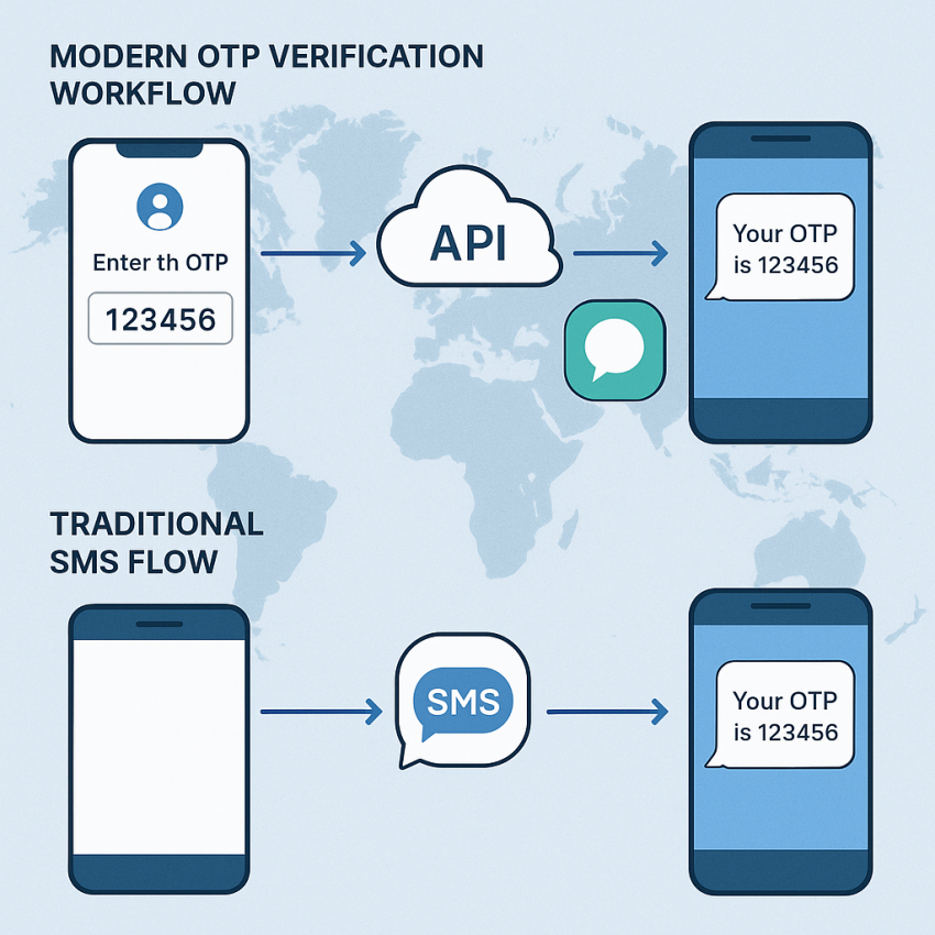 Graphic comparing modern alternatives to traditional SMS verification providers with OTP and messaging apps
