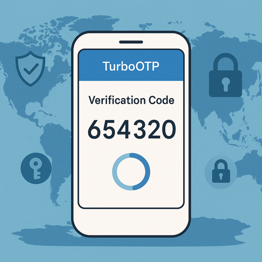 TurboOTP review: limitations and better options - phone screen with OTP code and global map