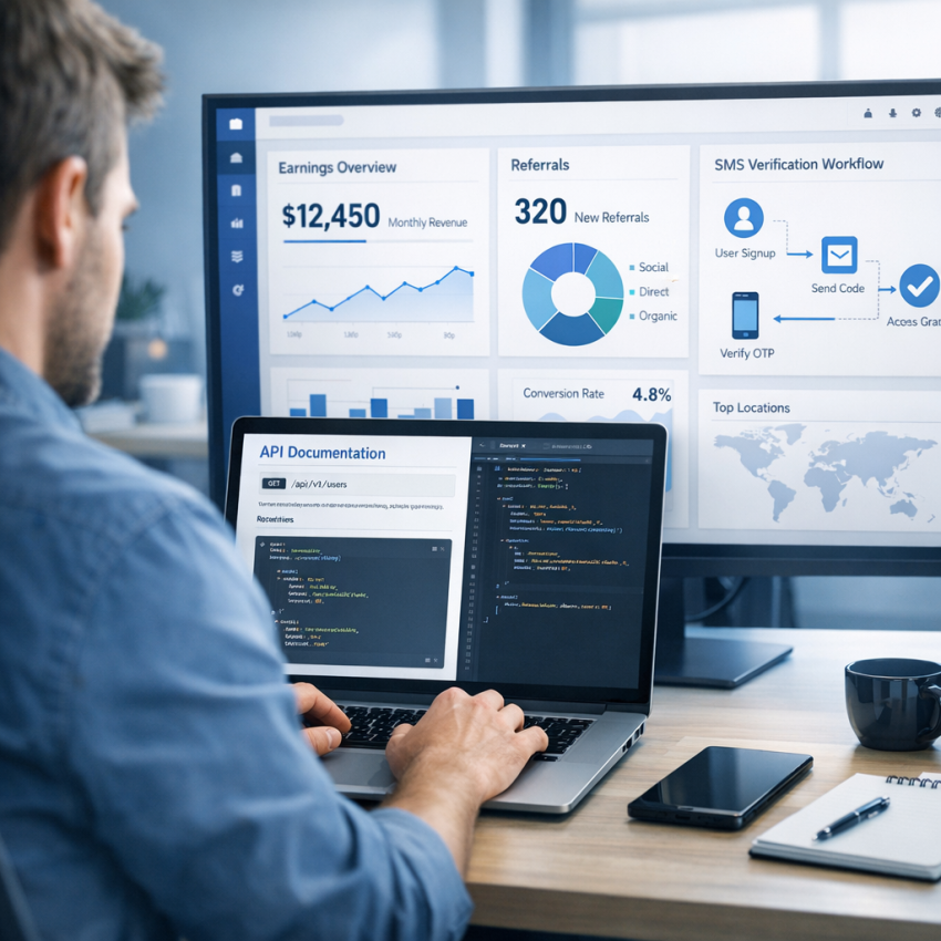 Developer monetizing an API project with referral analytics and SMS verification workflows