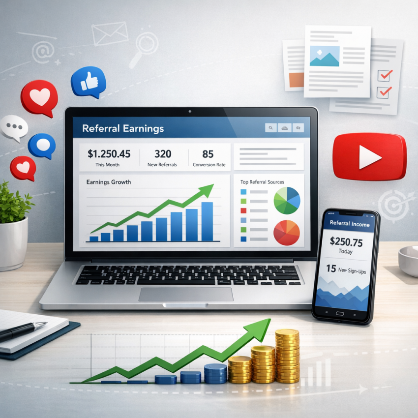 Person building online income from scratch using referral marketing, social media, and content creation