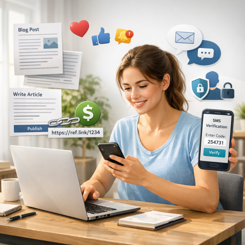 Beginner making money online by sharing referral links and creating content about digital tools and privacy