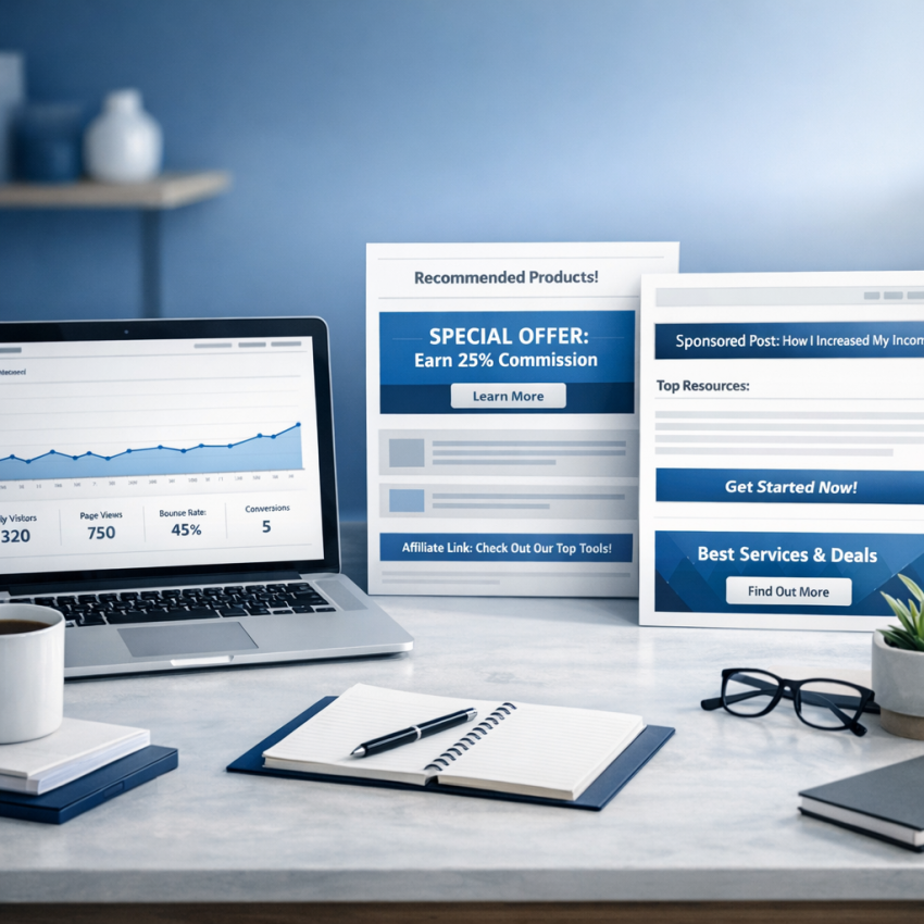 Small website monetization concept with referral banners and low-traffic analytics on a laptop
