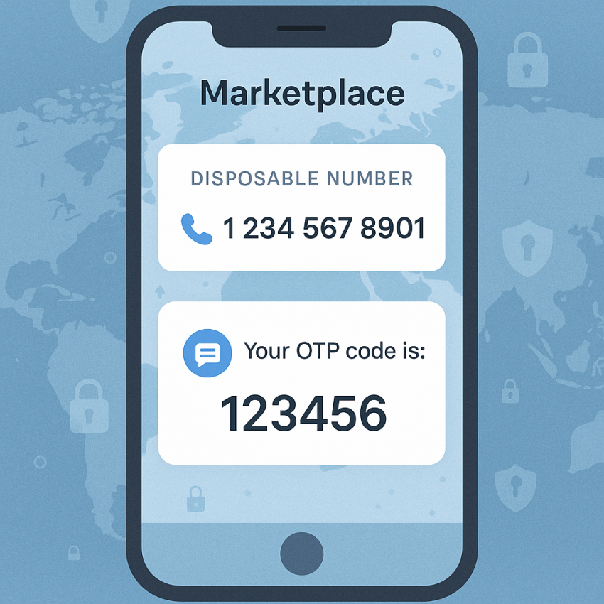 Illustration of a marketplace app with a disposable number and OTP verification
