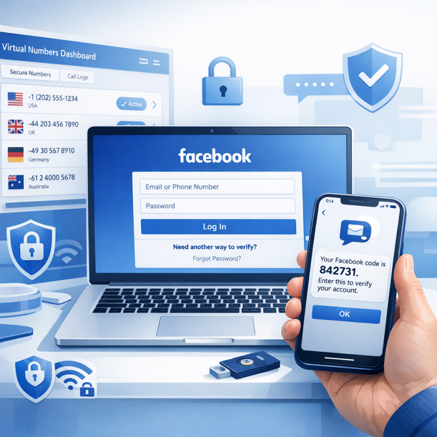 SmsPva dashboard showing a virtual number waiting for a Facebook verification SMS code