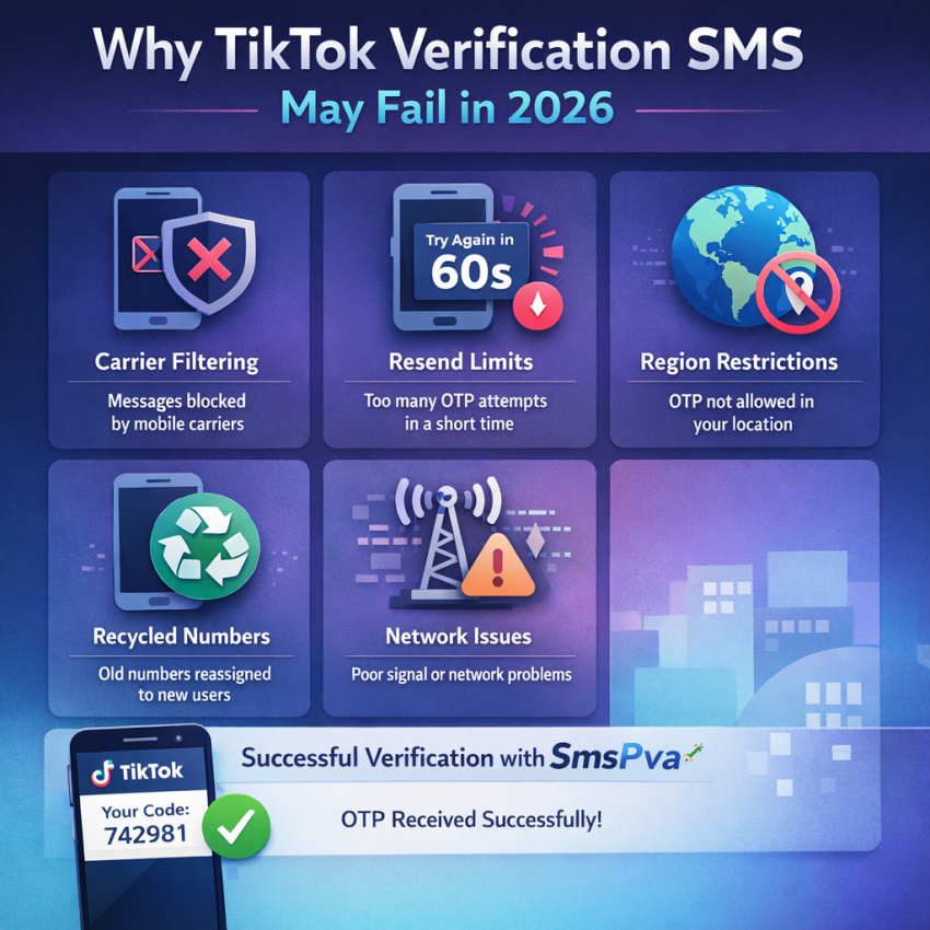 TikTok verification code not arriving guide showing SMS troubleshooting and SmsPva verification workflow